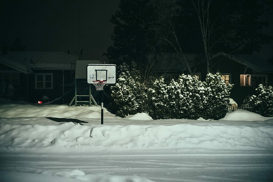 white and black basketball hoop covered with snow, winter, basketball net, HD wallpaper