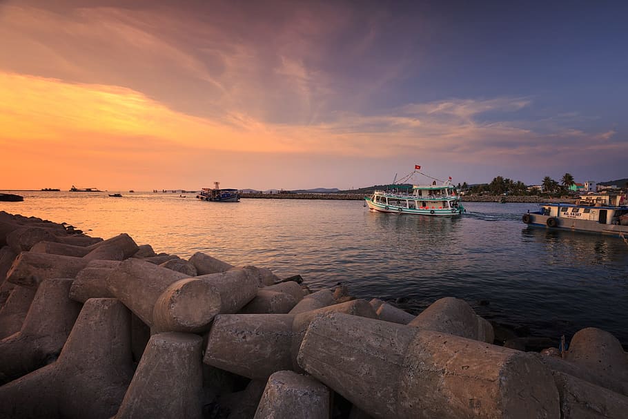 sunset, dawn, pier, breakwater, knife, phu quoc, vietnam, channel HD wallpaper