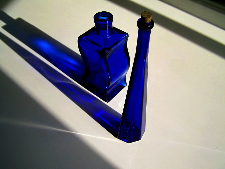 blue glass objects, light shadow, ornaments, indoors, no people HD wallpaper