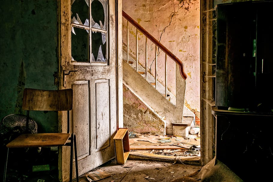 open door near white stair, lost places, abandoned place, home, HD wallpaper
