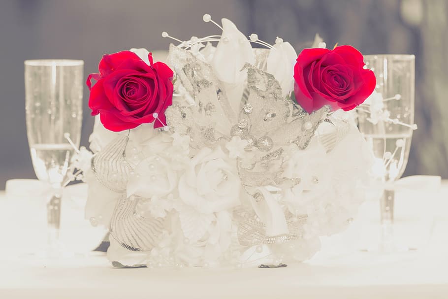 focus photo of white and red rose bouquet between two clear long-stem drinking glasses, HD wallpaper