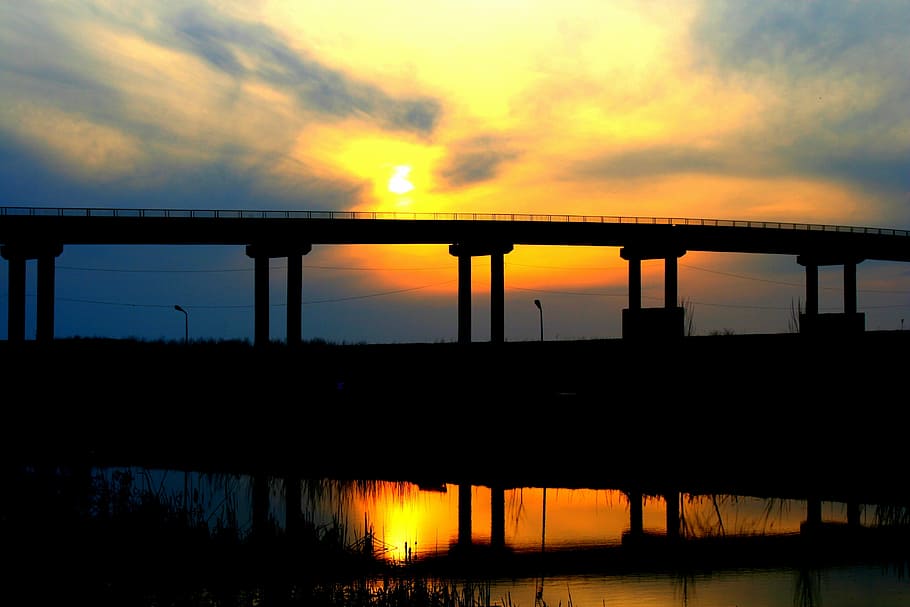 bridge, sunset, water, reflection, cloud, in the evening, sky HD wallpaper
