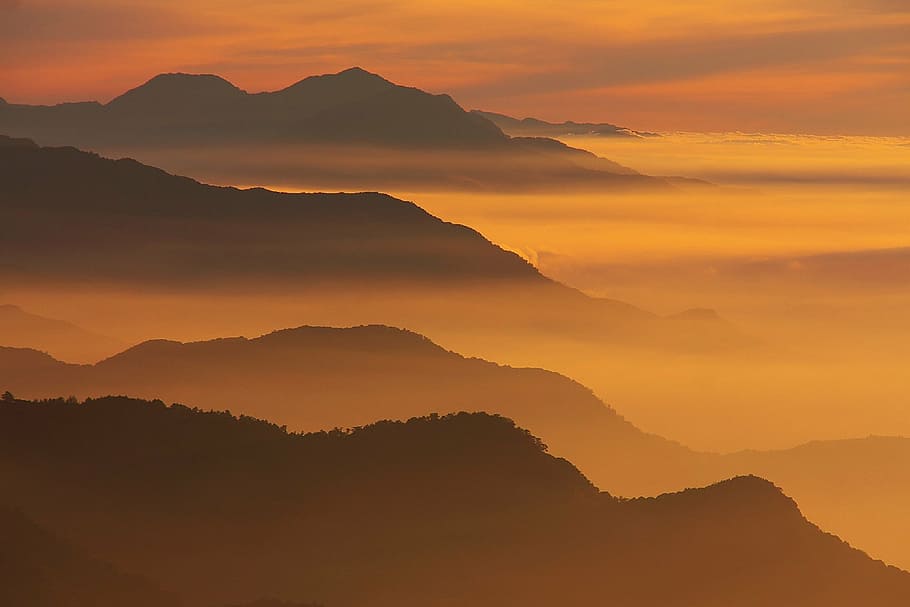 aerial photo of mountain, mountains, sunset, landscape, nature HD wallpaper