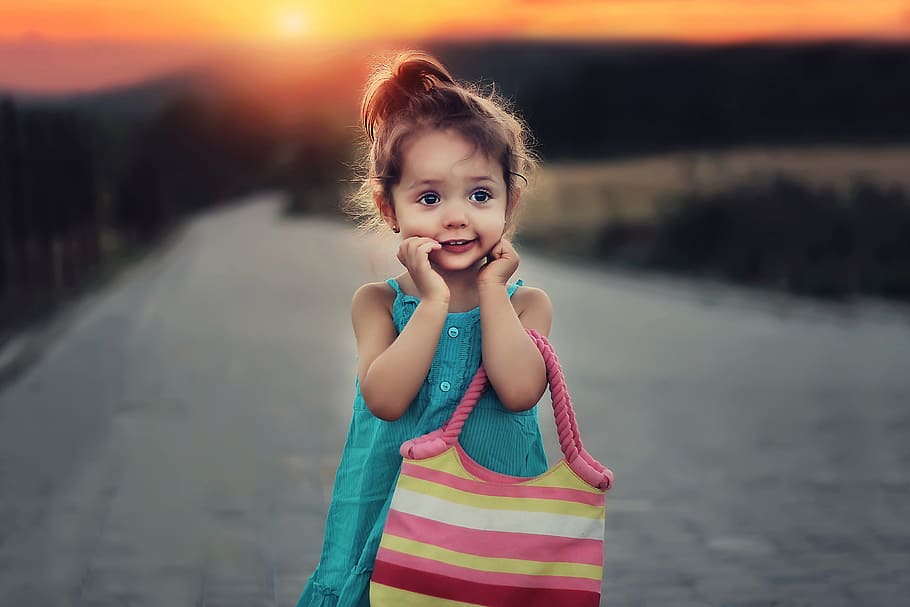 Child with bag at sunset, people, children, family, girl, kid