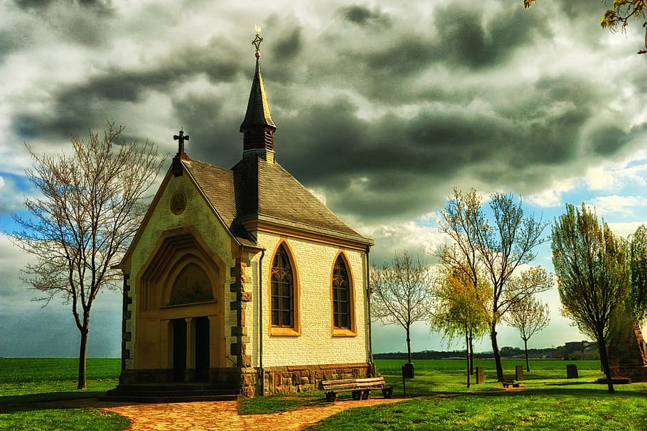 brown cathedral under white clouds, chapel, eifel, germany HD wallpaper