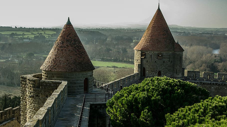 gray and brown concrete wall with watchtowers, france, carcassonne, HD wallpaper