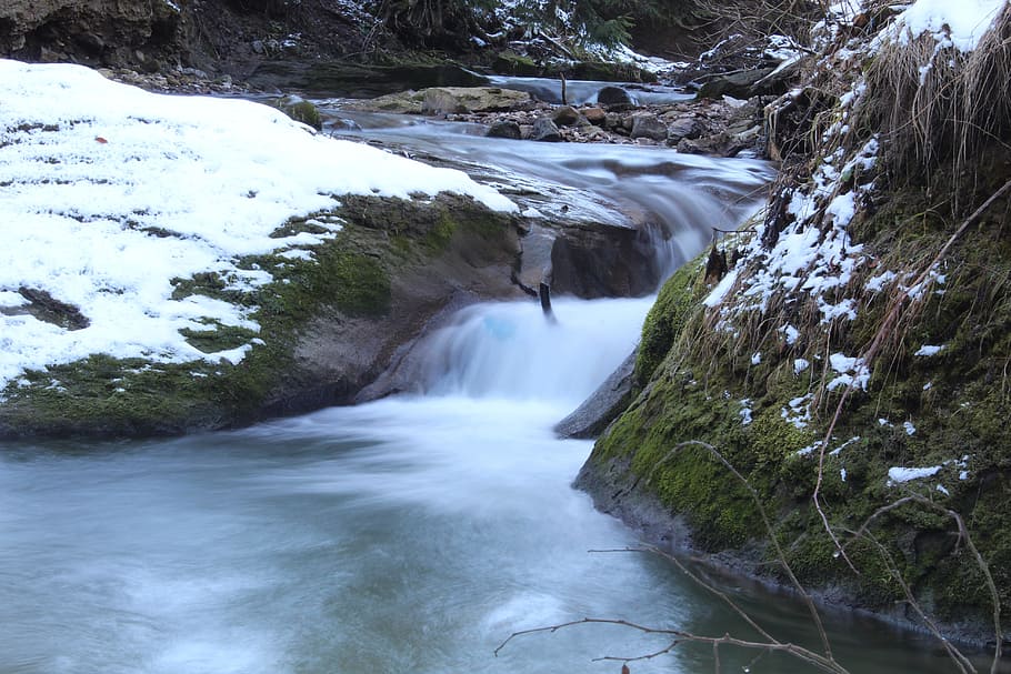 water, stream, nature, river, rock, waterfall, landscape, wood HD wallpaper