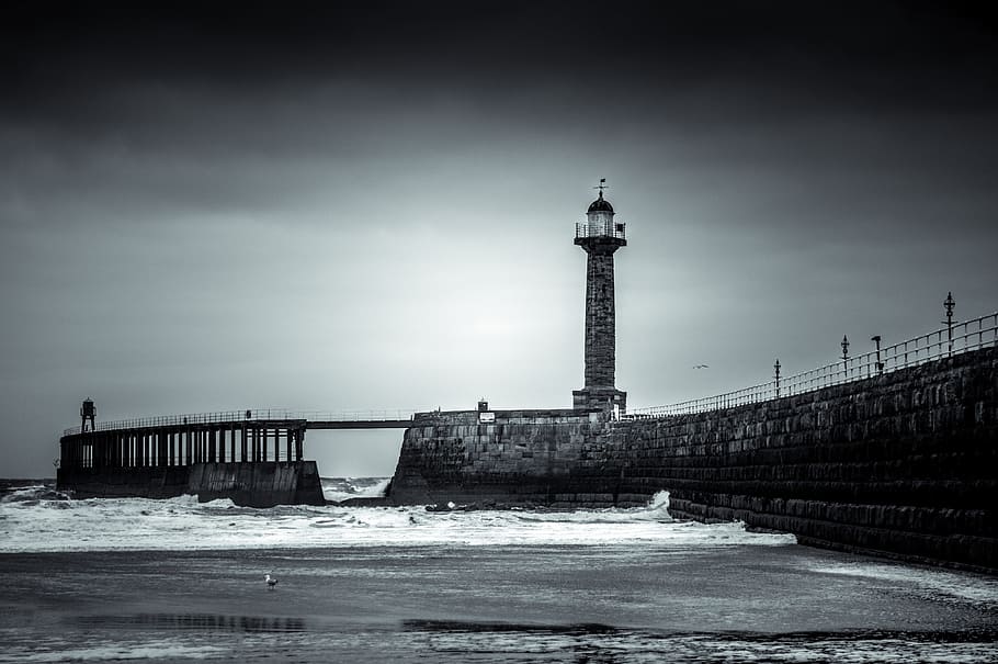 lighthouse beside body of water, whitby, goth, gothic, dracula, HD wallpaper