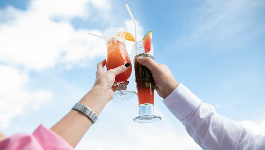 cheers, clouds, couple, drink, food, glass, hands, health, human HD wallpaper