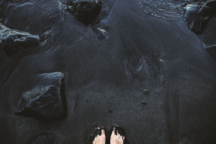 person, beach, sand, feet, black, coast, daylight, human, mammal HD wallpaper