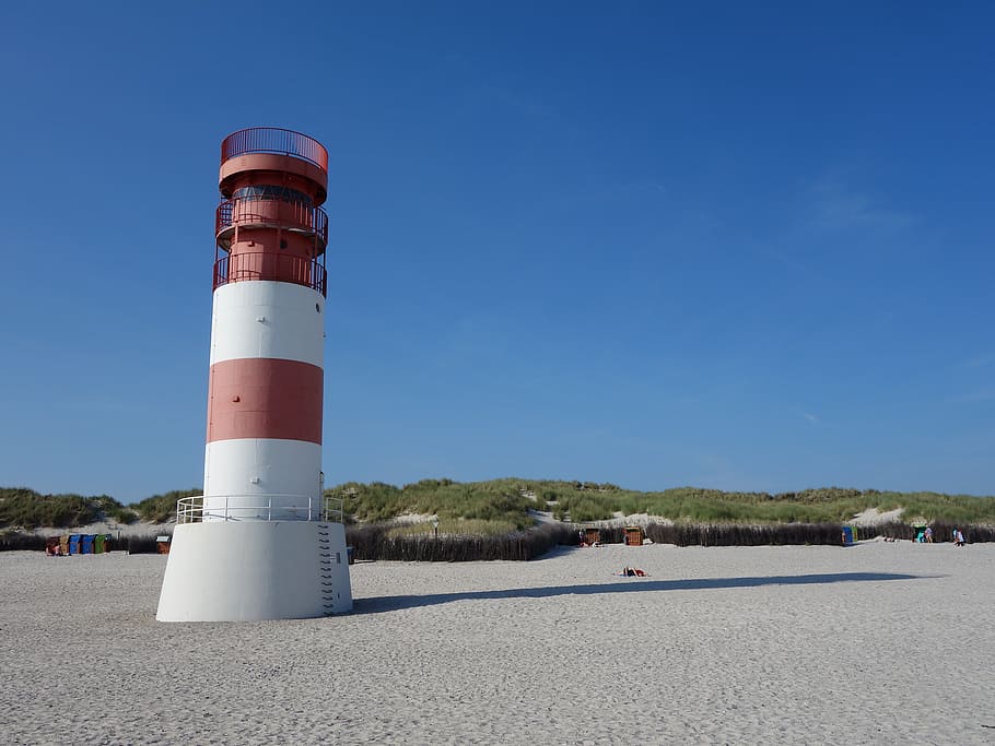 lighthouse, sand, beach, blue, north sea, island, coast, sun HD wallpaper