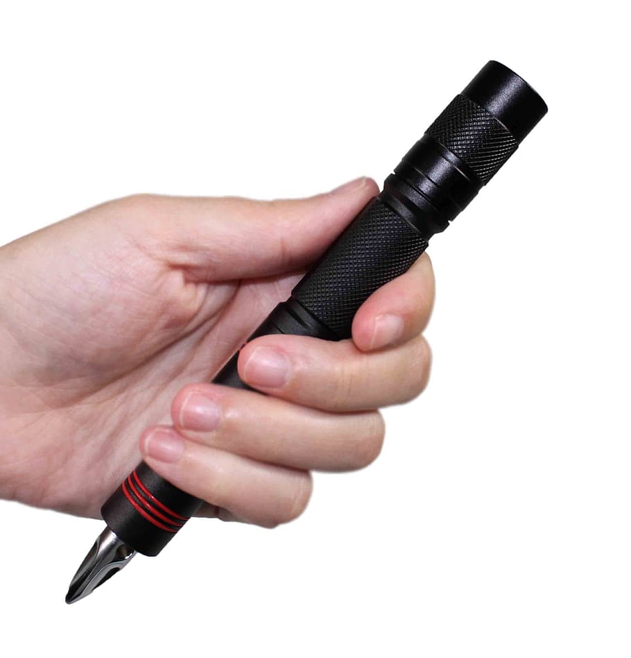 Pen, Knife, Flashlight, white background, human body part, human hand HD wallpaper