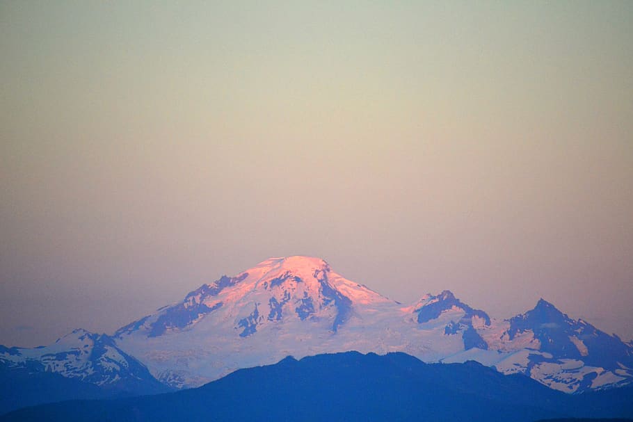 mt baker, mountain, sunset, evening, pink, sky, snow, beauty in nature, HD wallpaper