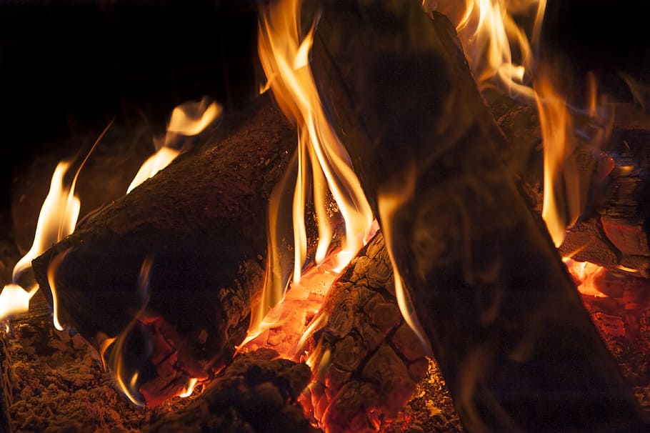 Fire, Wood, Flame, Campfire, Fireplace, embers, firewood stack HD wallpaper