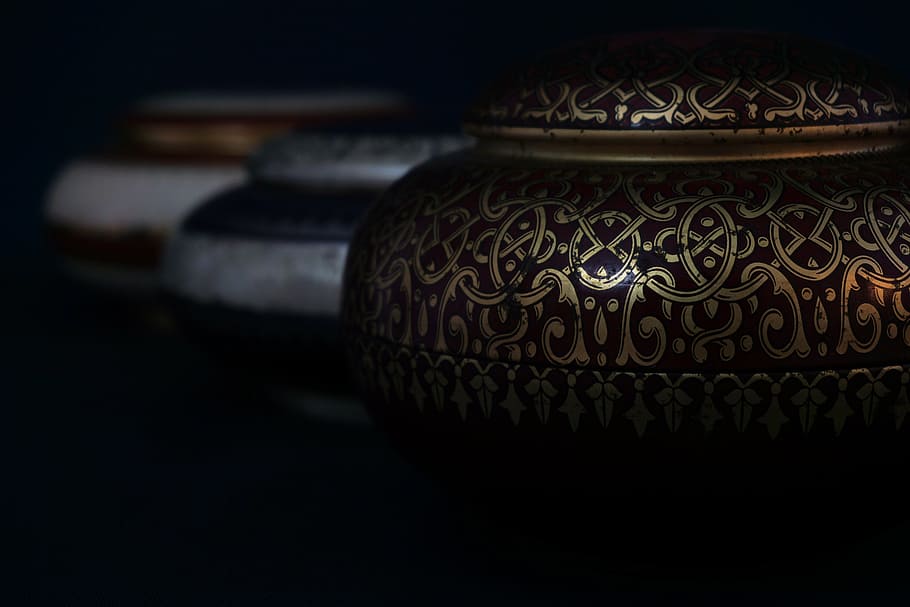 photo of brown urn, box, lid, metal box, storage, container HD wallpaper