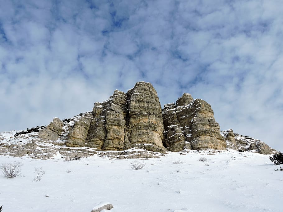 dolomites, mountains, snow, small, clouds, sky, alps, italy HD wallpaper
