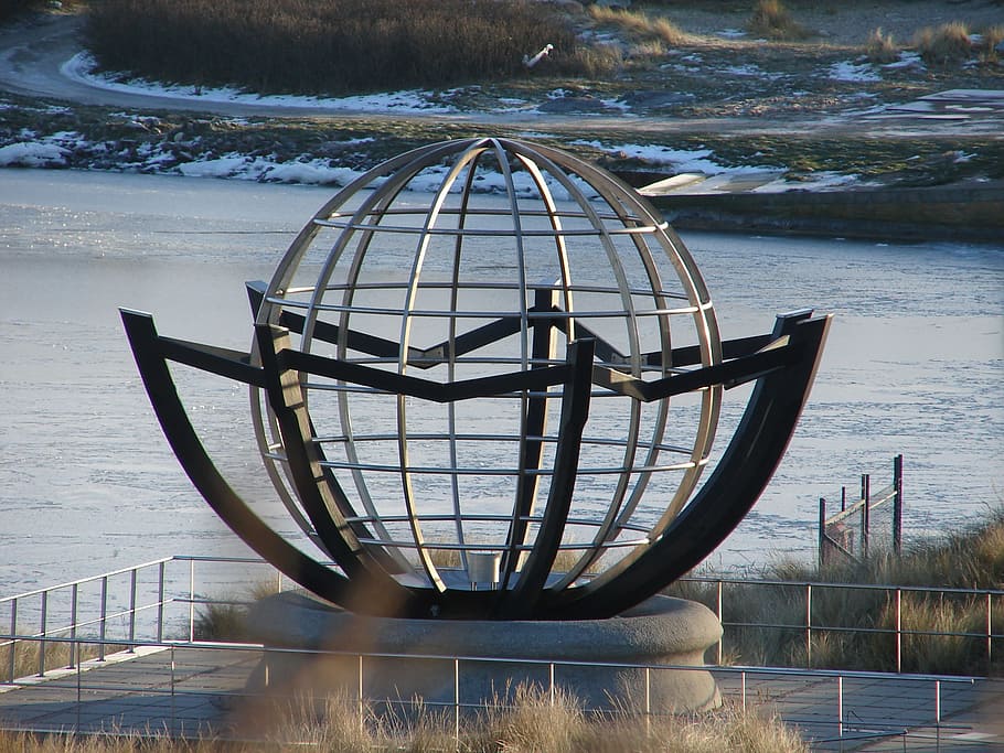 sculpture, globe, denmark, coast, metallic, water, nature, no people HD wallpaper