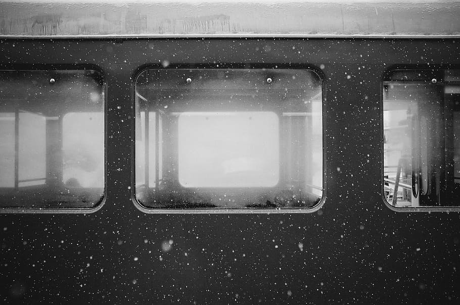 house glass window grayscale photo, grayscale photograph of empty train HD wallpaper
