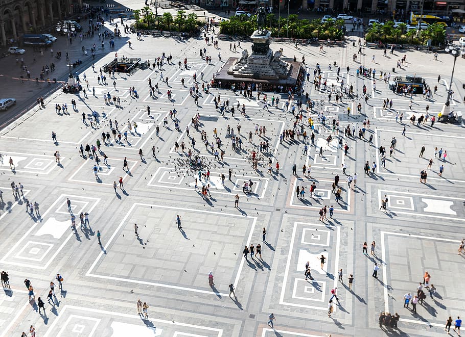 aerial view of crowded park, aerial view photography of people walking on street