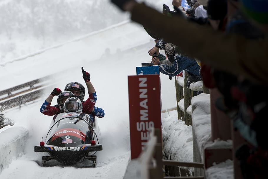 three person on snow mobile, bobsled, team, finish, competition HD wallpaper