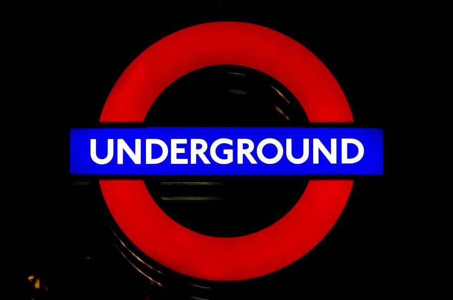 red and blue Underground signage, london, city, lights, subway