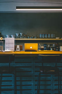 MacBook on table, silver MacBook on desk, shop, cafe, computer HD wallpaper