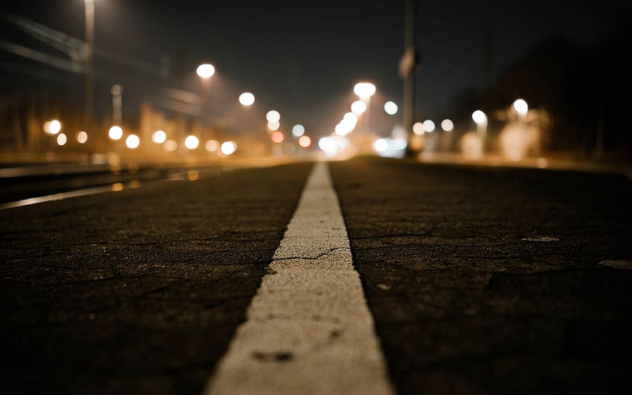 grey road with lights all over the place, asphalt, white line, HD wallpaper