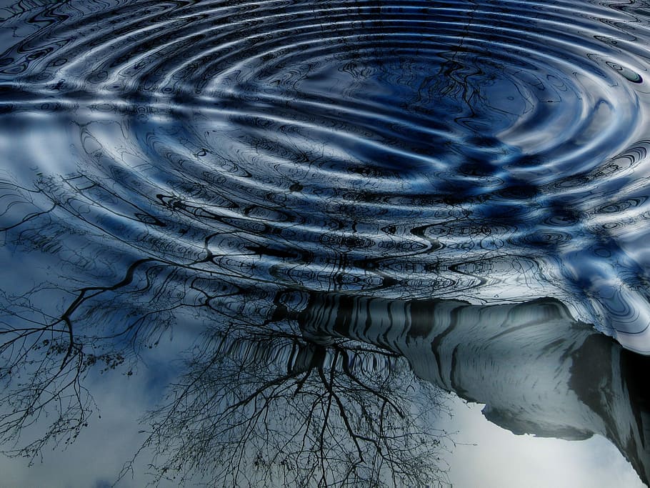 Rings, Mirroring, Water, Wave, Lake, birch, tree, winter, clouds HD wallpaper