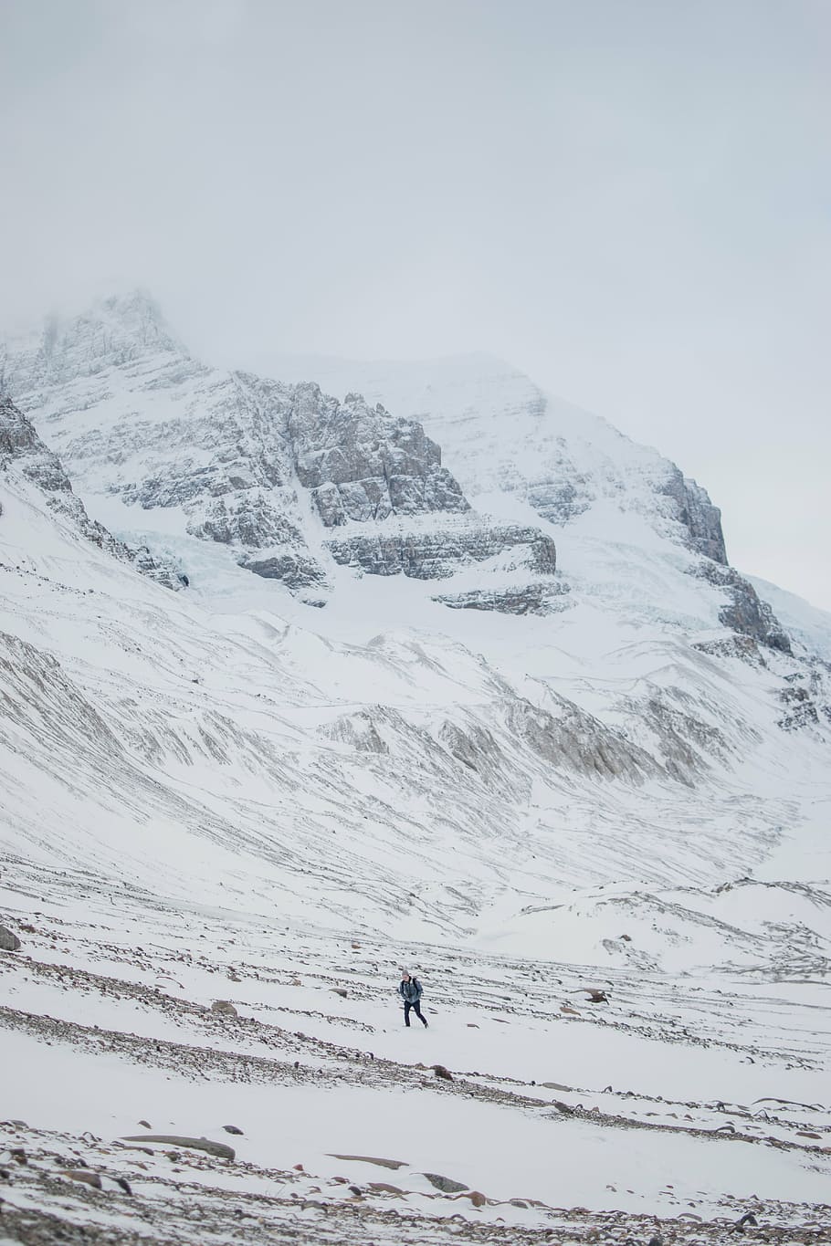 person walking on glacier valley near mountain during daytime HD wallpaper