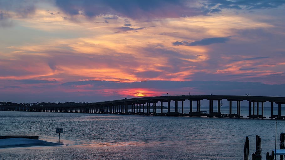 sunset, destin, bridge, sky, landscape, evening, outdoors, water HD wallpaper