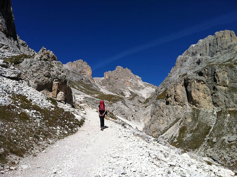 trekkking, mountain, blue, sky, landscape, rock, climbing, hike stones, HD wallpaper