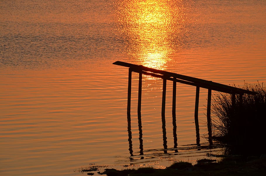 Sun, River, Jetty, Bridge, Water, Sunset, orange color, sea HD wallpaper