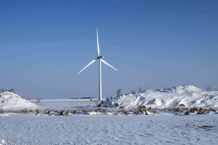 windmill, wind power, snow, performance, winter, nature, snowy HD wallpaper