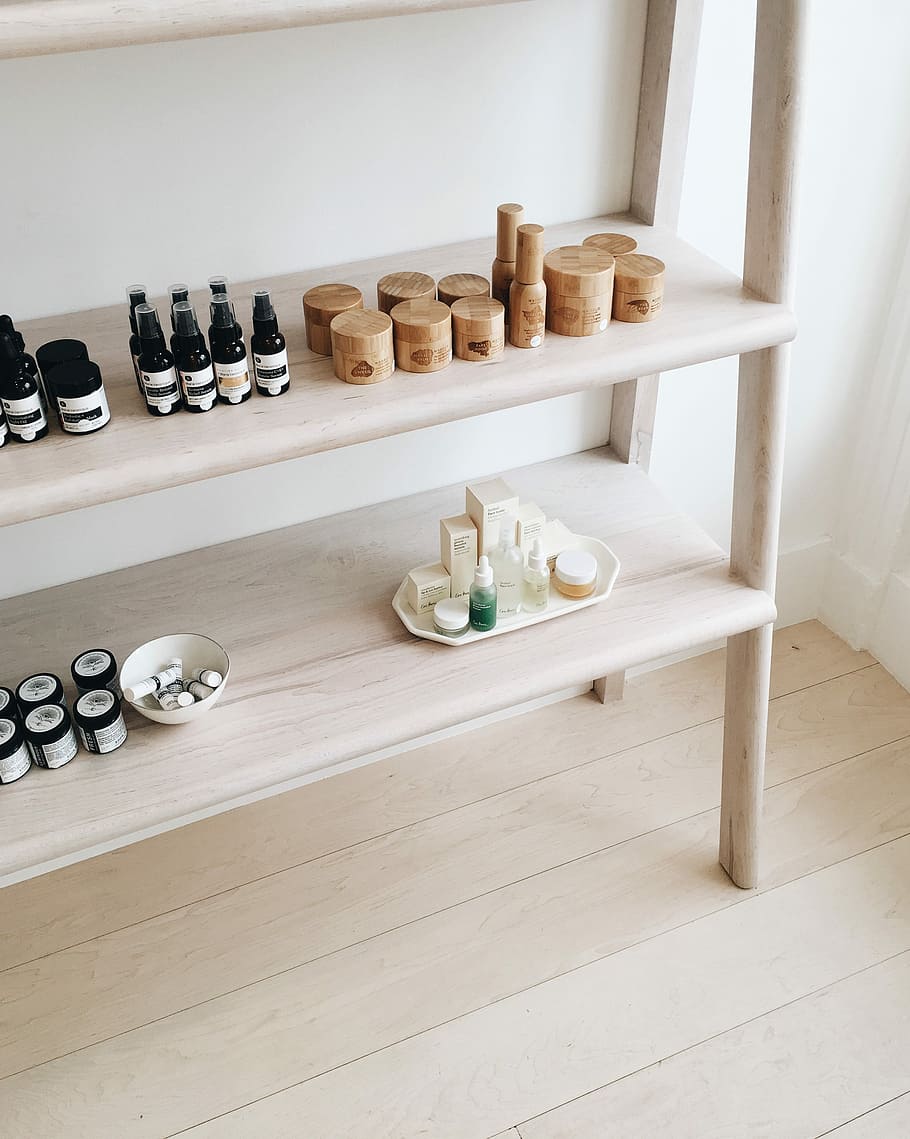 gray wooden shelf, store, shop, product, skincare, beauty, group, HD wallpaper