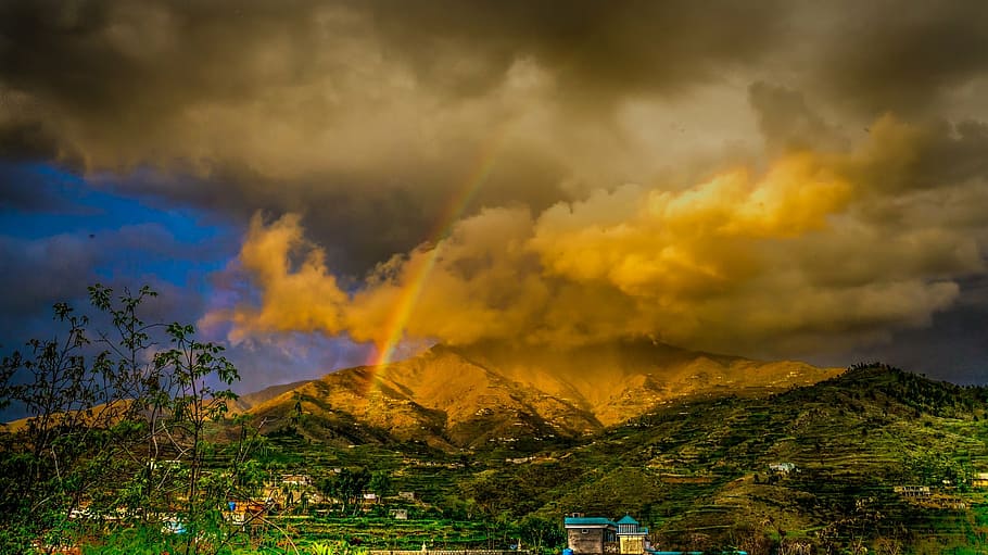 mountain under cloudy sky, brown, green, clouds, rainbow, landscape HD wallpaper