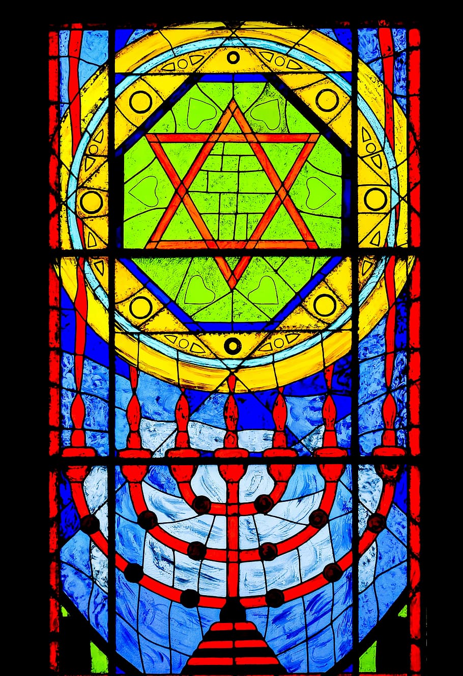 Star of David and candle holder painting, vitrage, menorah, stained glass, HD wallpaper