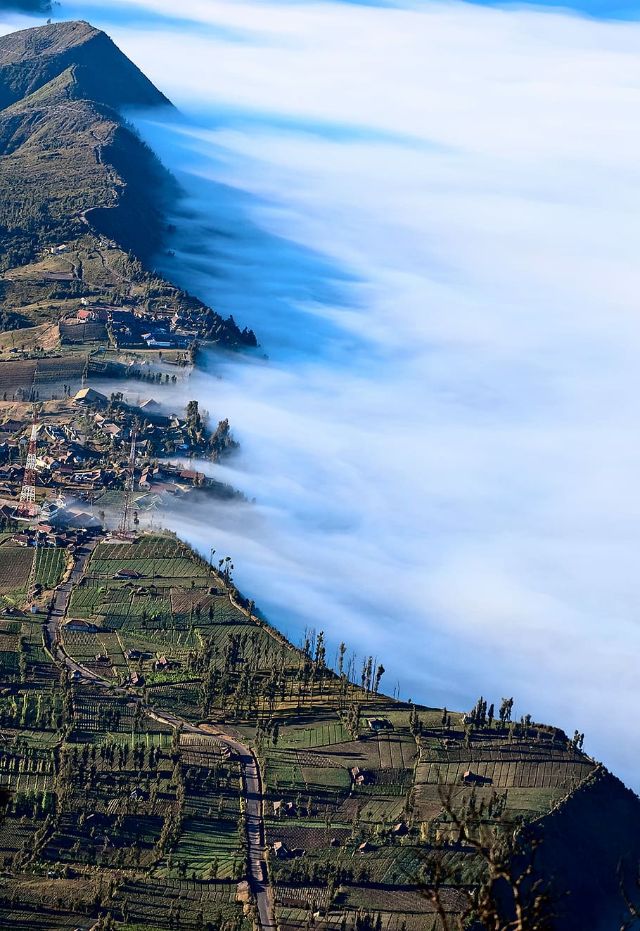 green mountains covered with fog, top view of landscape photography of mountain HD wallpaper