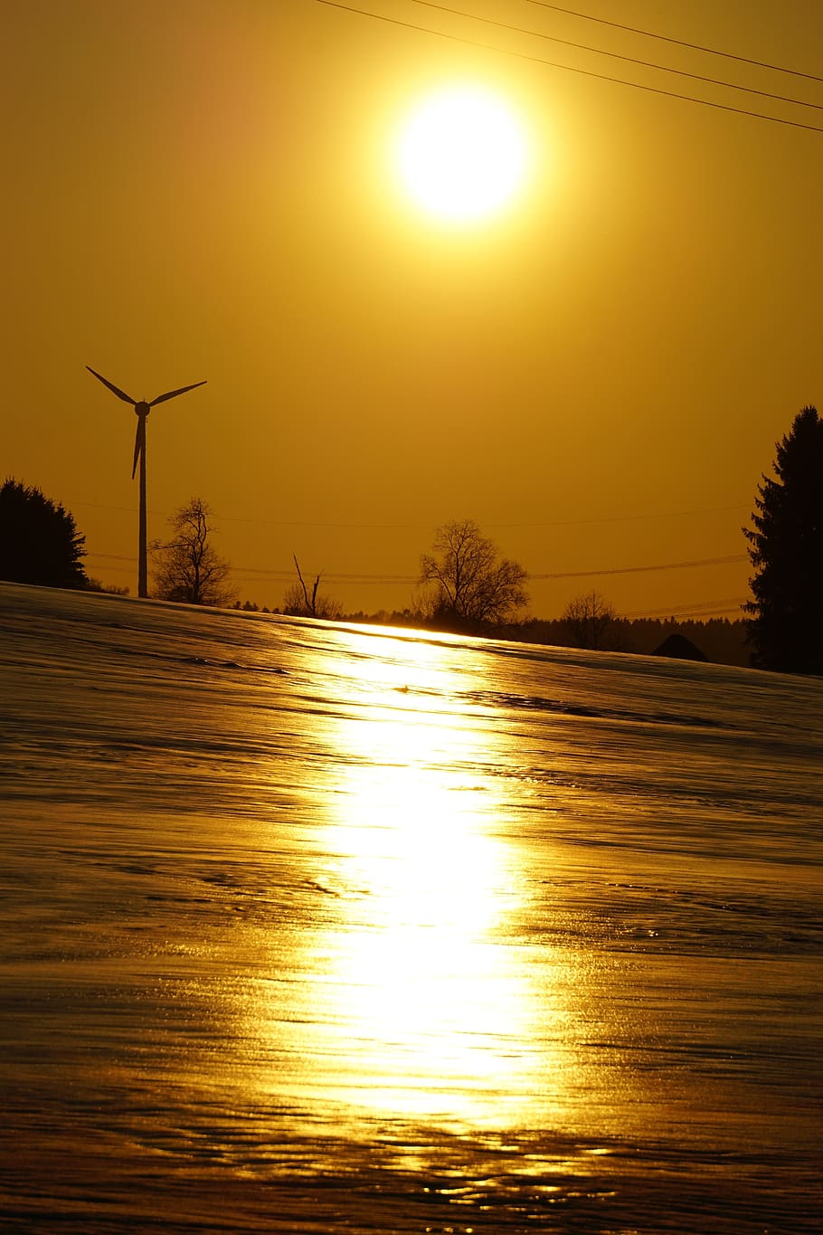 sunset, snow, dusk, fuel and power generation, sky, wind turbine HD wallpaper