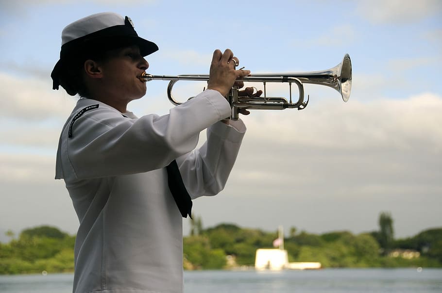Trumpeter, Performance, Music, playing, instrument, navy, woman HD wallpaper