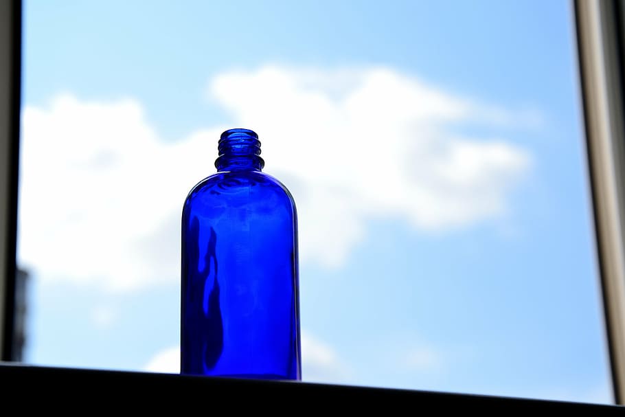 window, blue bottle, cloud, sky, drink, glass - material, transparent HD wallpaper