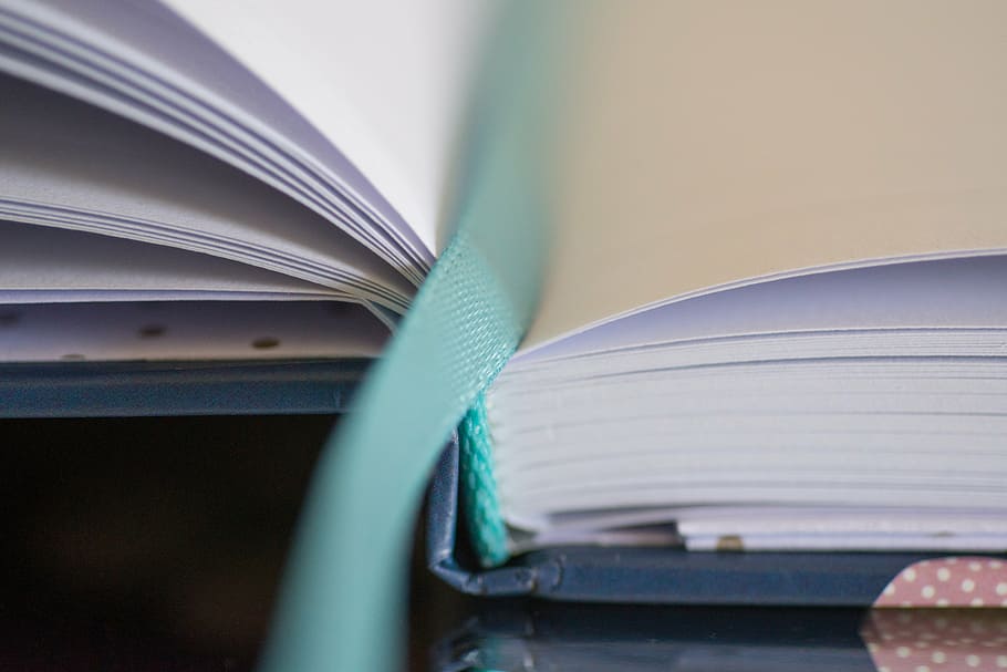 close-up photography of open white book pages with green bookmark HD wallpaper