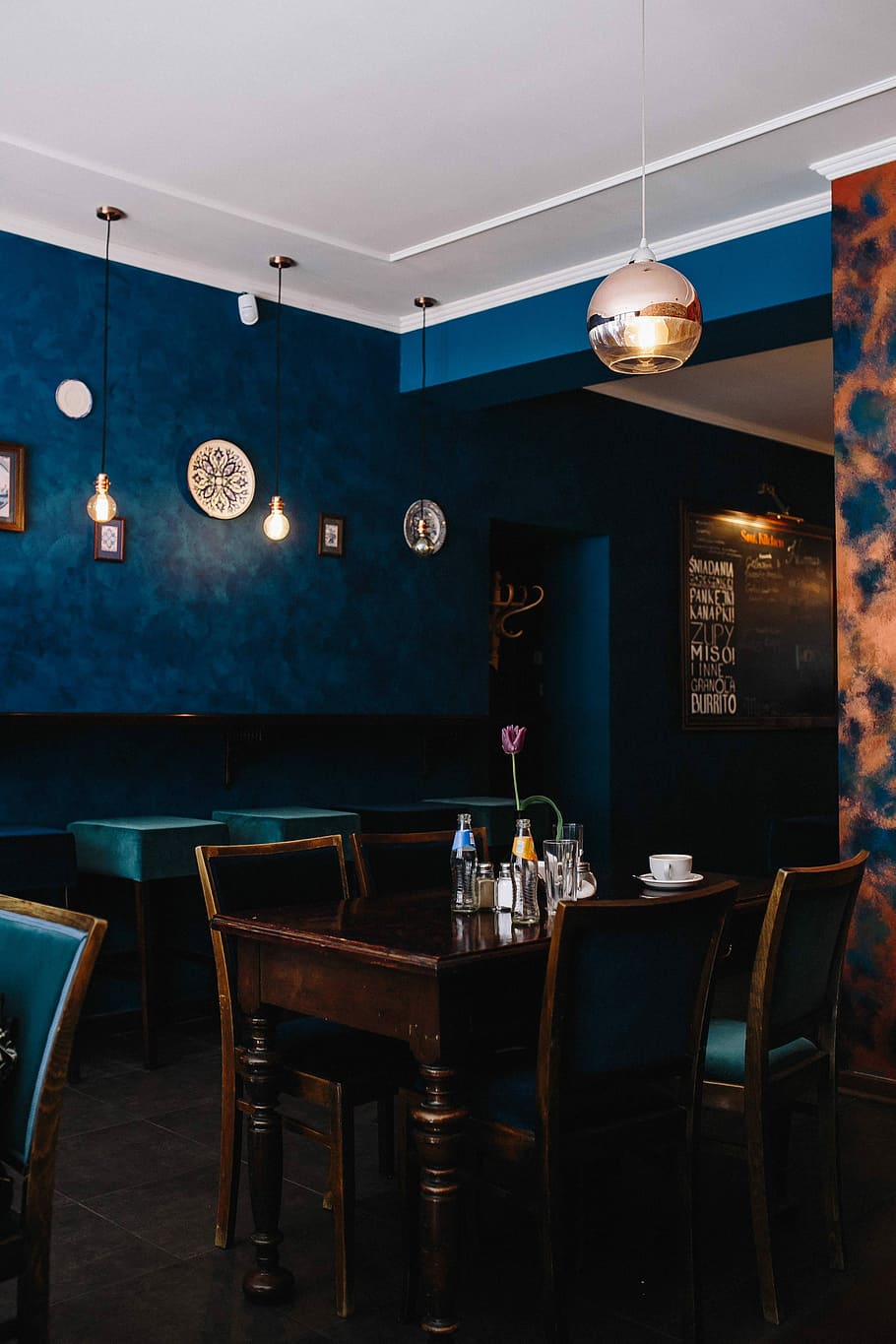 Interior of a modern restaurant, furniture, cafe, blue, bar, indoor, HD wallpaper
