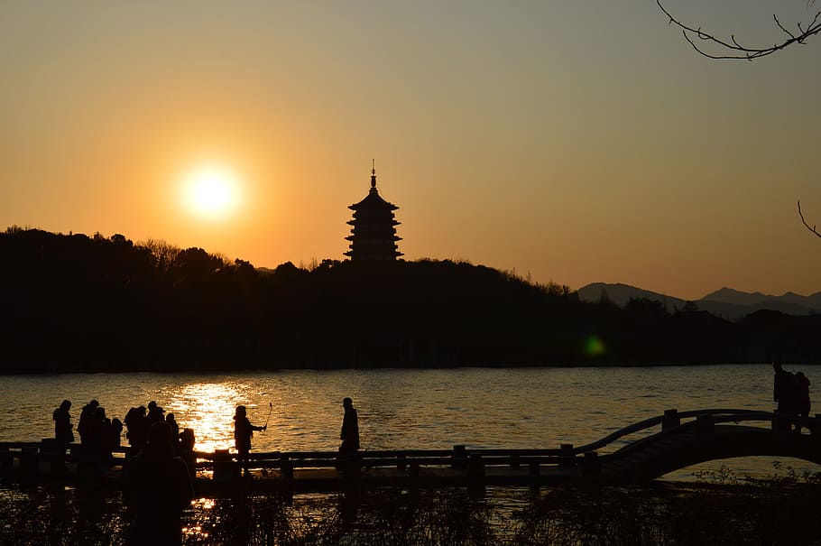 杭州, 西湖, 风景, 中国, silhouette, sunset, travel destinations, HD wallpaper