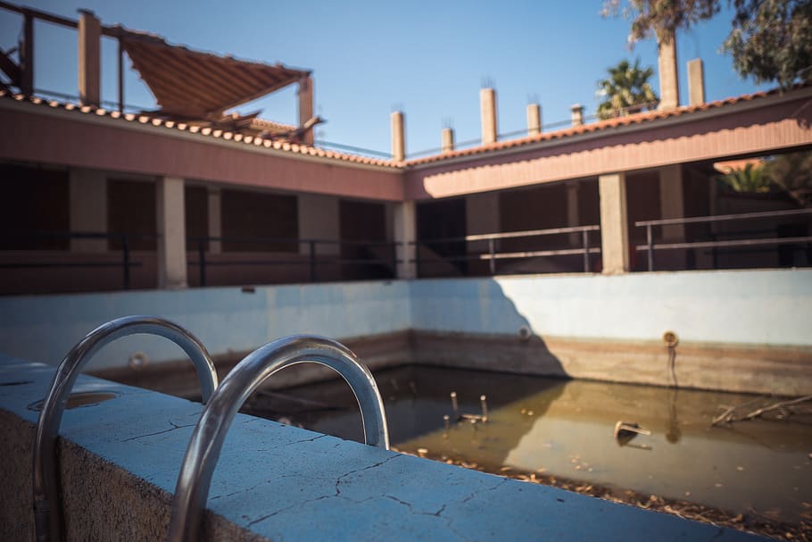 pool, building, empty, architecture, forget, ruin, built structure HD wallpaper