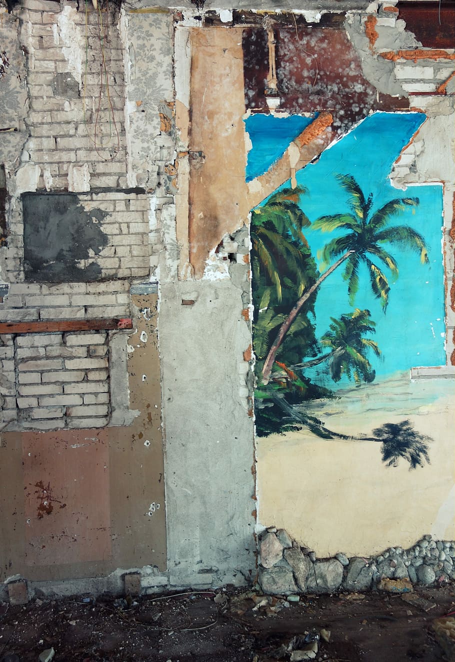 Decay, Ruin, Lapsed, Destruction, leave, wall painting, palm trees HD wallpaper