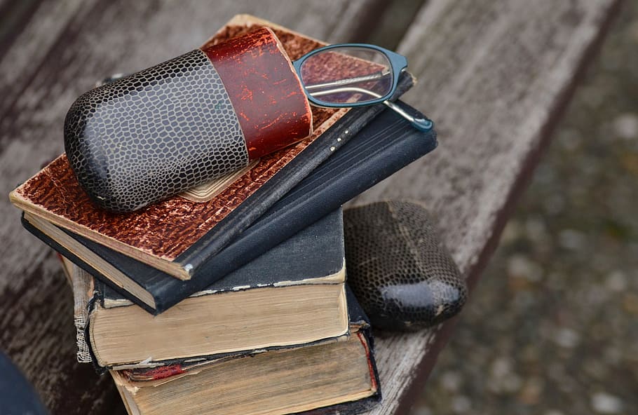 four assorted books, old, antique, glasses, glasses case, old books, HD wallpaper