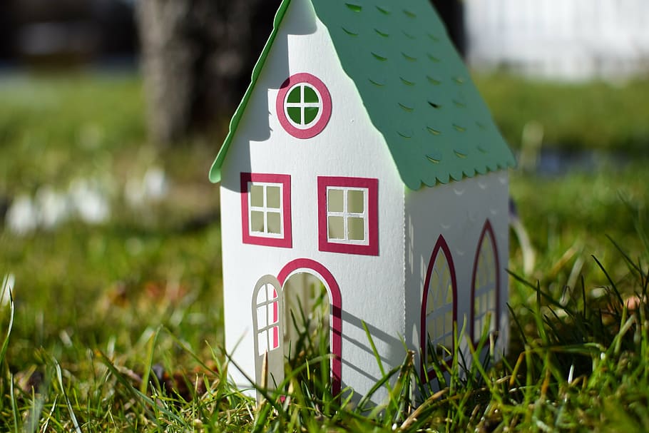 white and green wooden mini house on green grass, model, paper HD wallpaper
