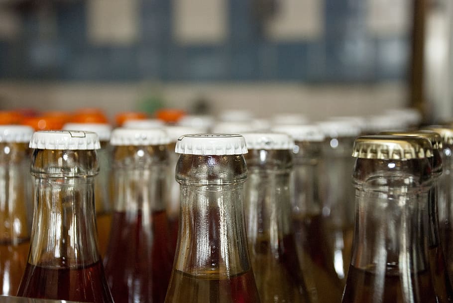 bottles, drink, glass, beer, soft drinks, soda, caps, mat, glass - material HD wallpaper