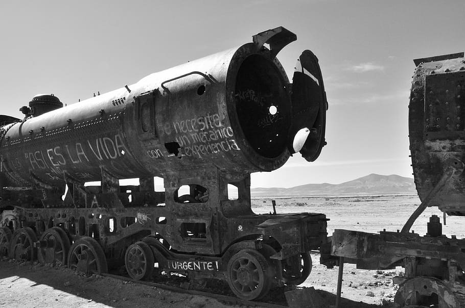 Bolivia, Uyuni, South America, Train, black and white, wreck