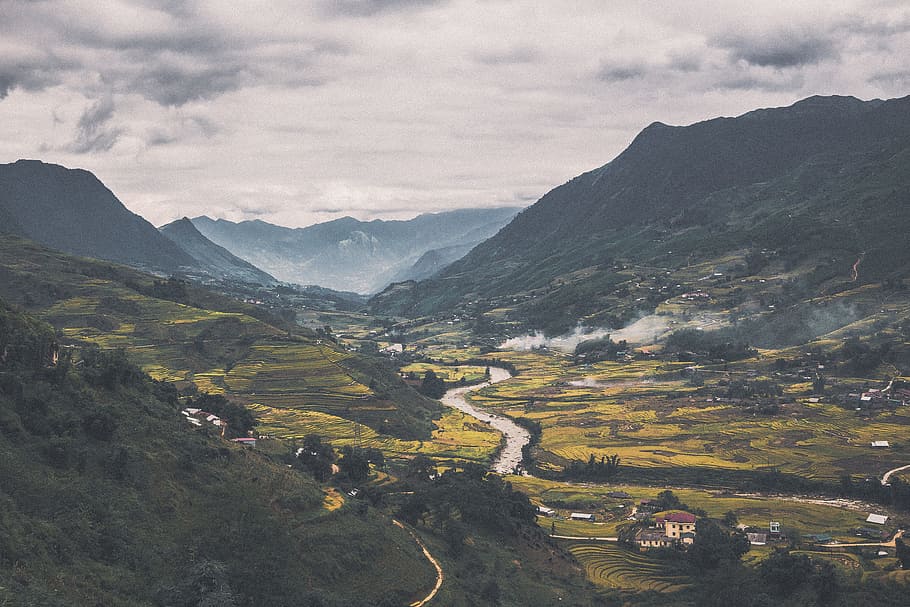 river between valley under white cloudy sky during daytime, aerial photography of village HD wallpaper
